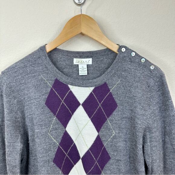TWEEDS 100% Merino Wool Sweater Button Shoulder Gray Purple White Women’s Sz XL - Picture 3 of 11